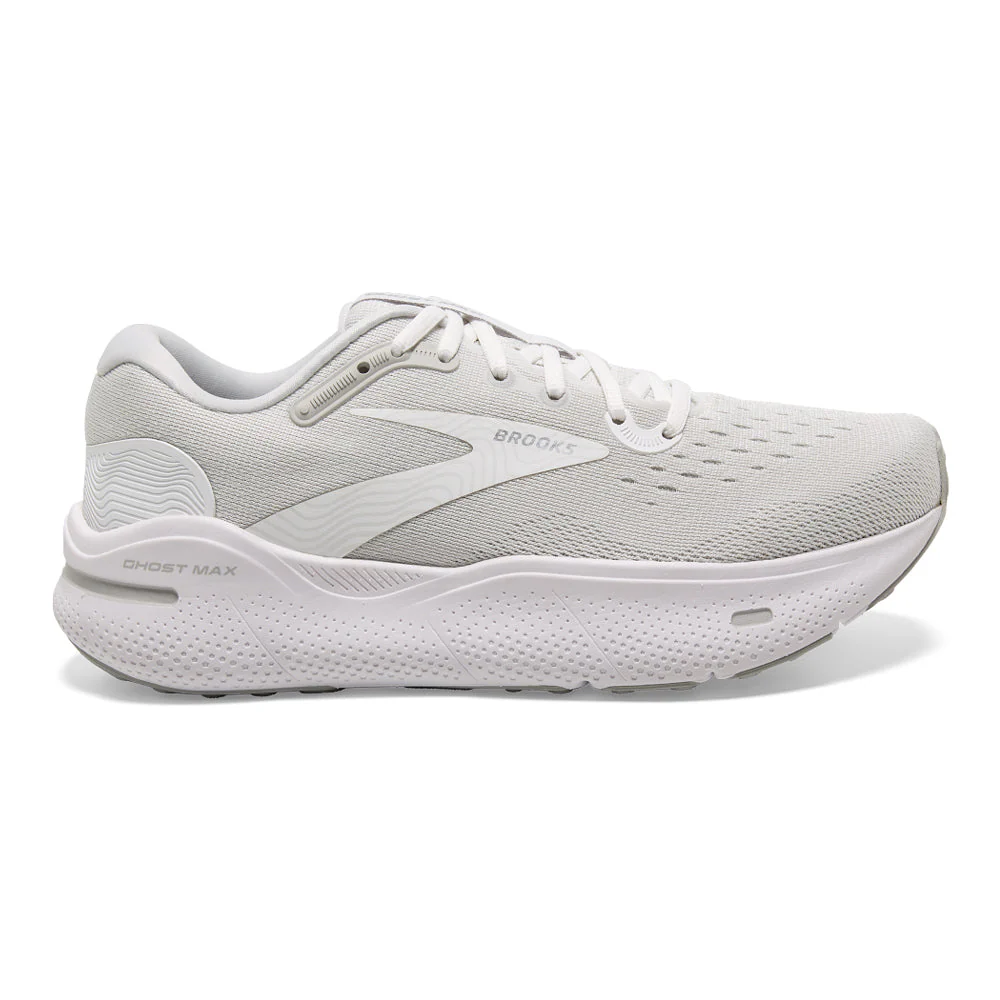 Men's Brooks Ghost Max, White/Oyster/Metallic Silver, 14 D Medium