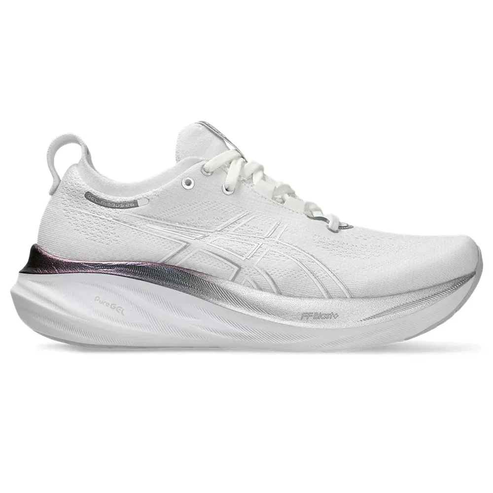 Women's Asics GEL-Nimbus 26 Platinum, Real White/Pure Silver, 5 B Medium