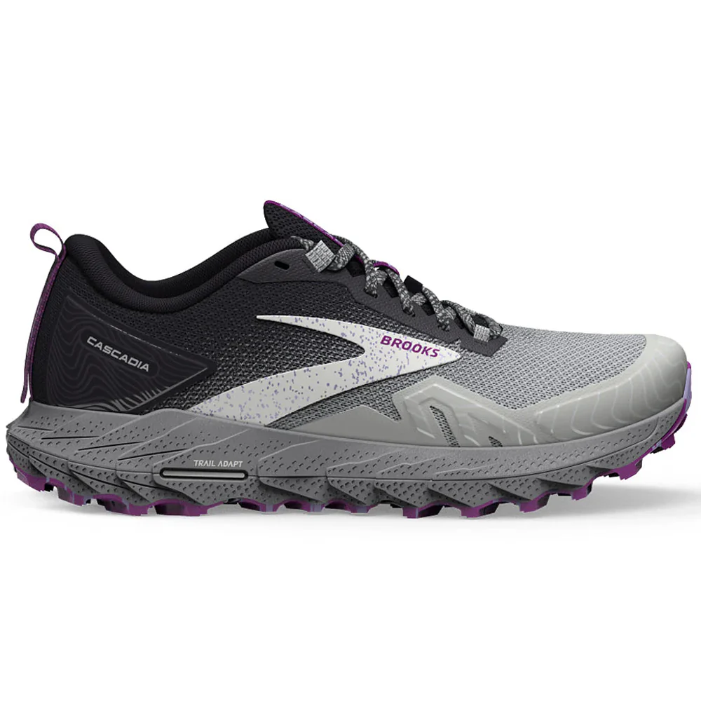 Women's Brooks Cascadia 17, Oyster/Blackened Pearl/Purple, 5 D Wide