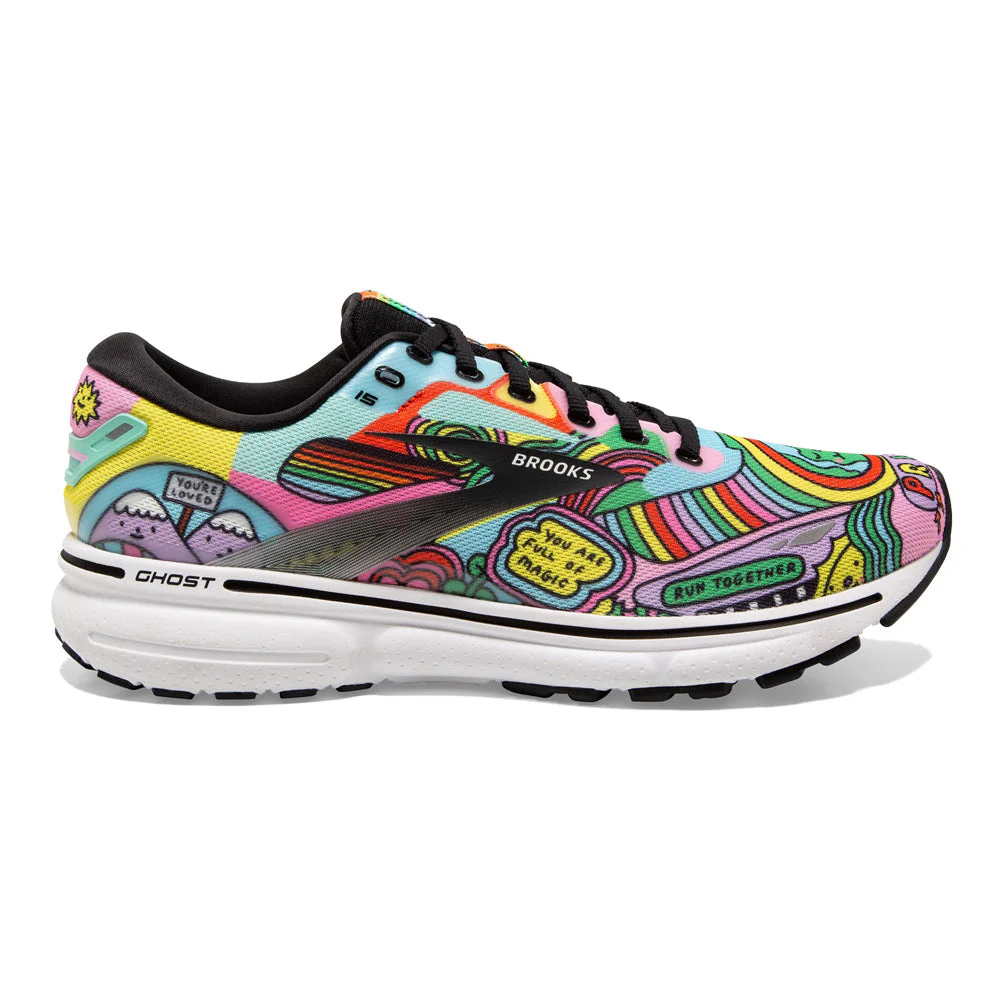 Women's Brooks Ghost 15, Black/White/Multi, 5 B Medium