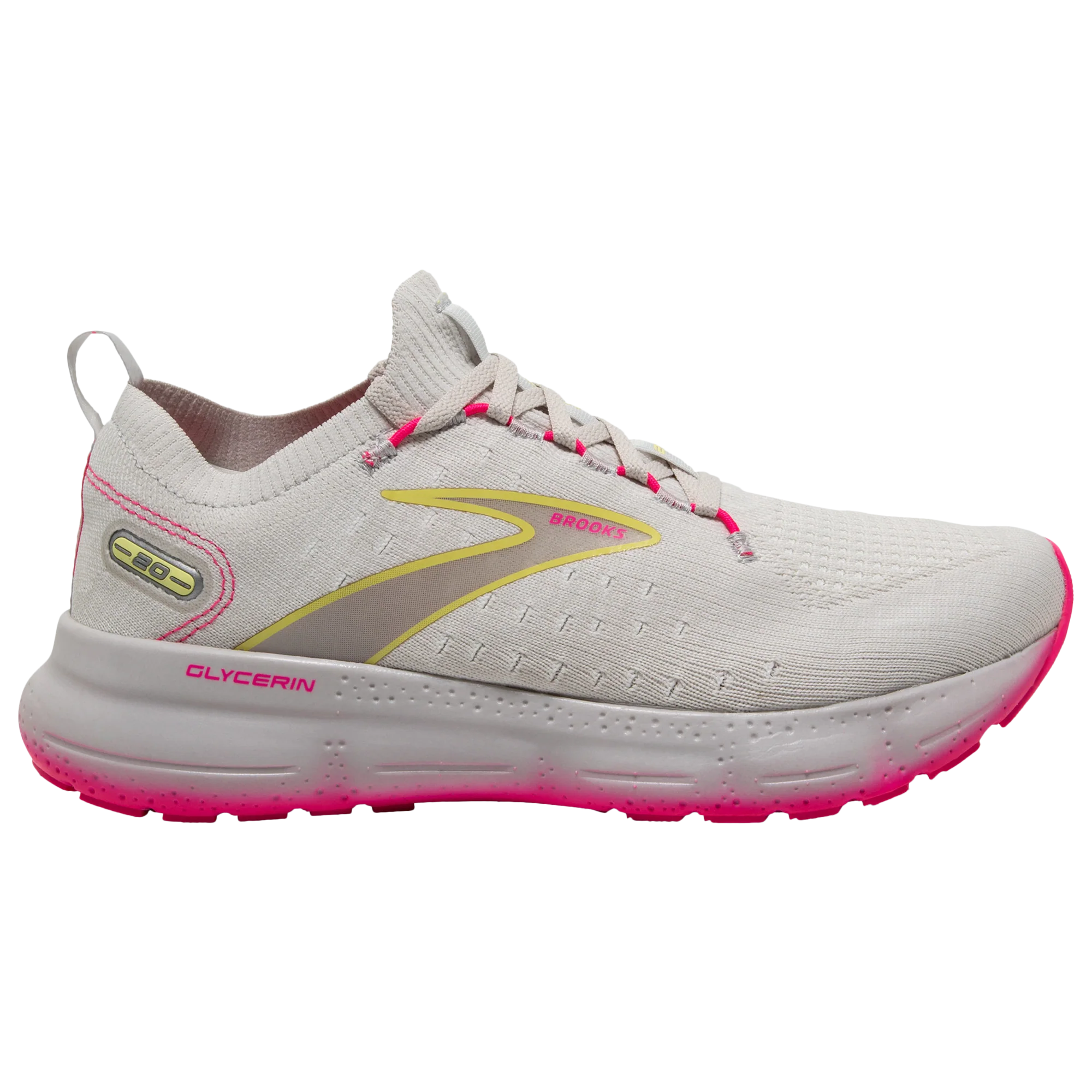 Women's Brooks Glycerin StealthFit 20, Grey/Yellow/Pink, 9.5 B Medium